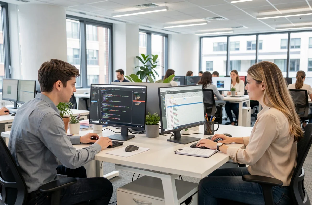 Deux postes de travail côte à côte, l'un en code, l'autre en tableur