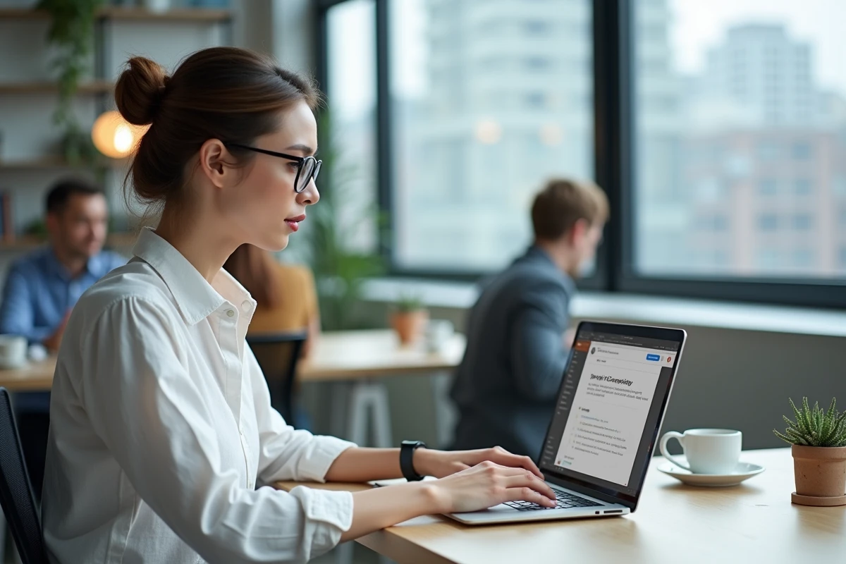 Développeuse vérifiant la compatibilité PHP dans le tableau de bord WordPress depuis un espace de coworking