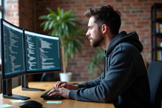 Développeur web travaillant sur le positionnement CSS absolu de tooltips et dropdowns sur deux écrans
