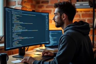 Développeur web masculin concentré devant un écran affichant une mise à jour PHP dans un terminal WordPress
