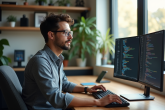 Jeune developpeur homme devant ses écrans dans un bureau lumineux