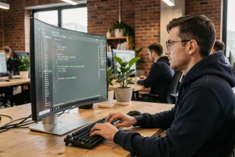 Développeur Python concentré devant son écran affichant une boucle append sur une liste, dans un bureau moderne