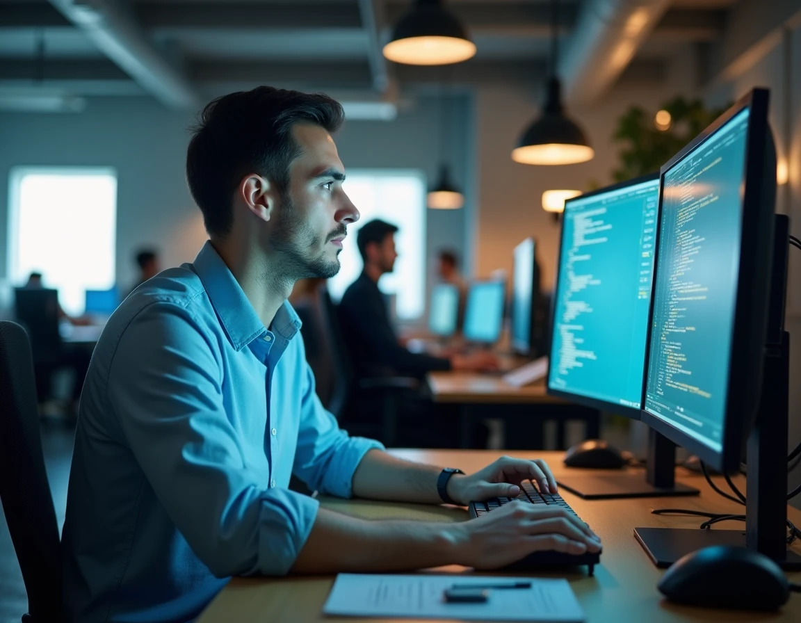 Développeur masculin analysant des fichiers XML avec Python sur deux écrans dans un bureau open space moderne