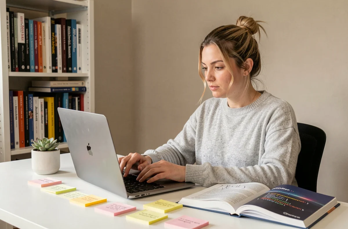 Développeuse Python travaillant depuis chez elle, entourée de notes sur les listes et les boucles en Python