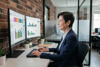 Dirigeante de PME analysant des tableaux de bord décisionnels sur deux écrans dans un bureau moderne