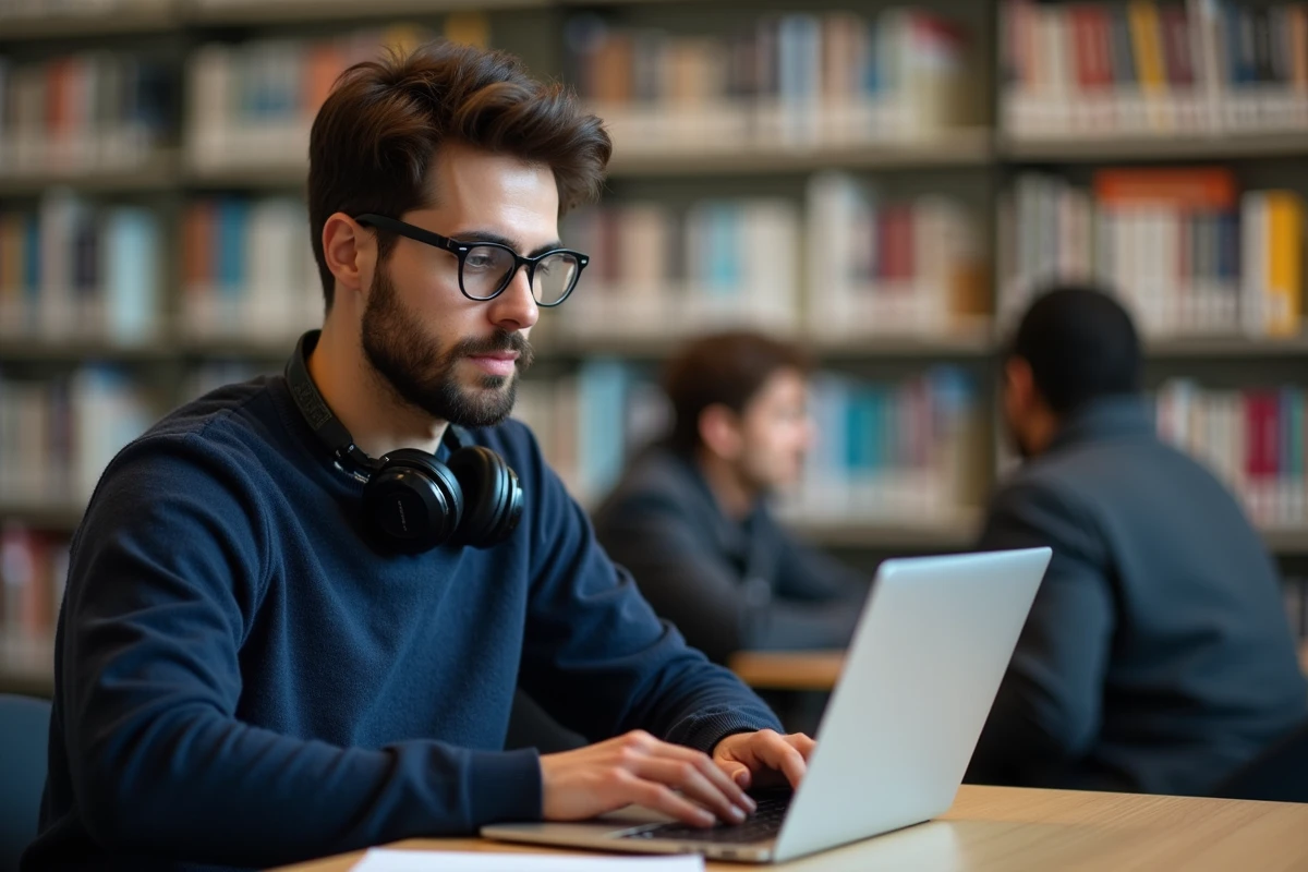 Personne travaillant discrètement sur un ordinateur dans un espace de co-working ou une bibliothèque