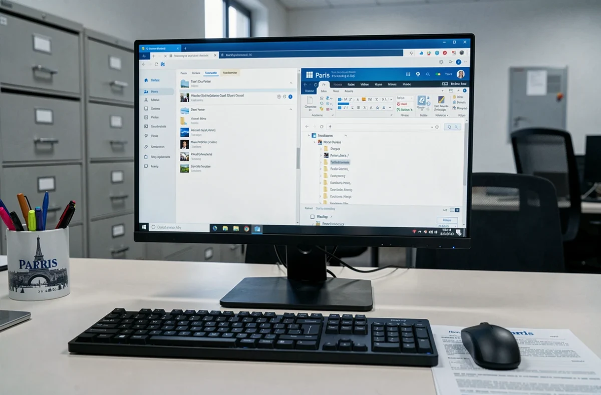Gros plan sur un écran d'ordinateur affichant deux interfaces de messagerie dans un bureau administratif parisien