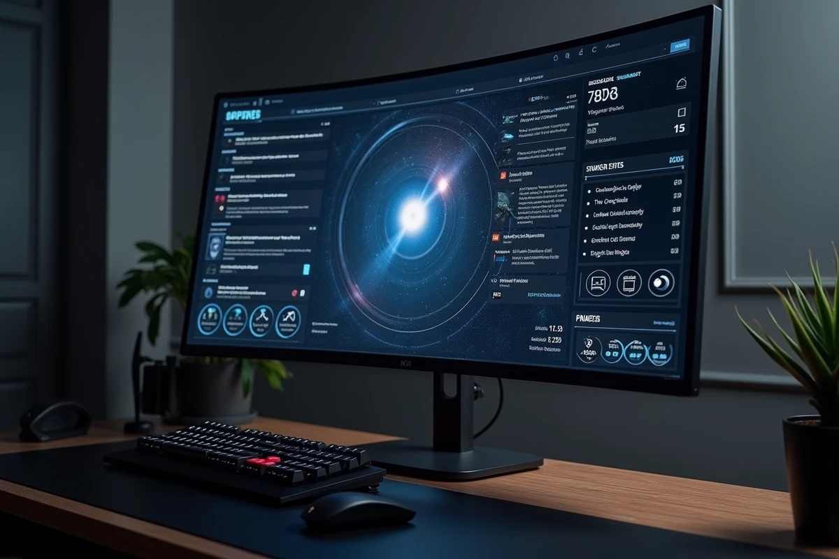 Écran ultrawide courbe 21/9 affichant une interface de jeu Eve Online sans distorsion avec HUD étendu