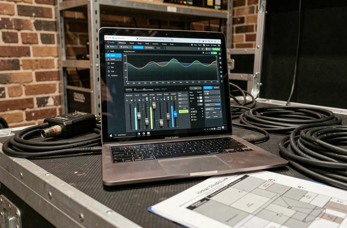 Écran d'ordinateur portable affichant l'interface du logiciel Virtual StudioLive avec les réglages d'égalisation et de routage posé sur une flight case en coulisse avant un concert