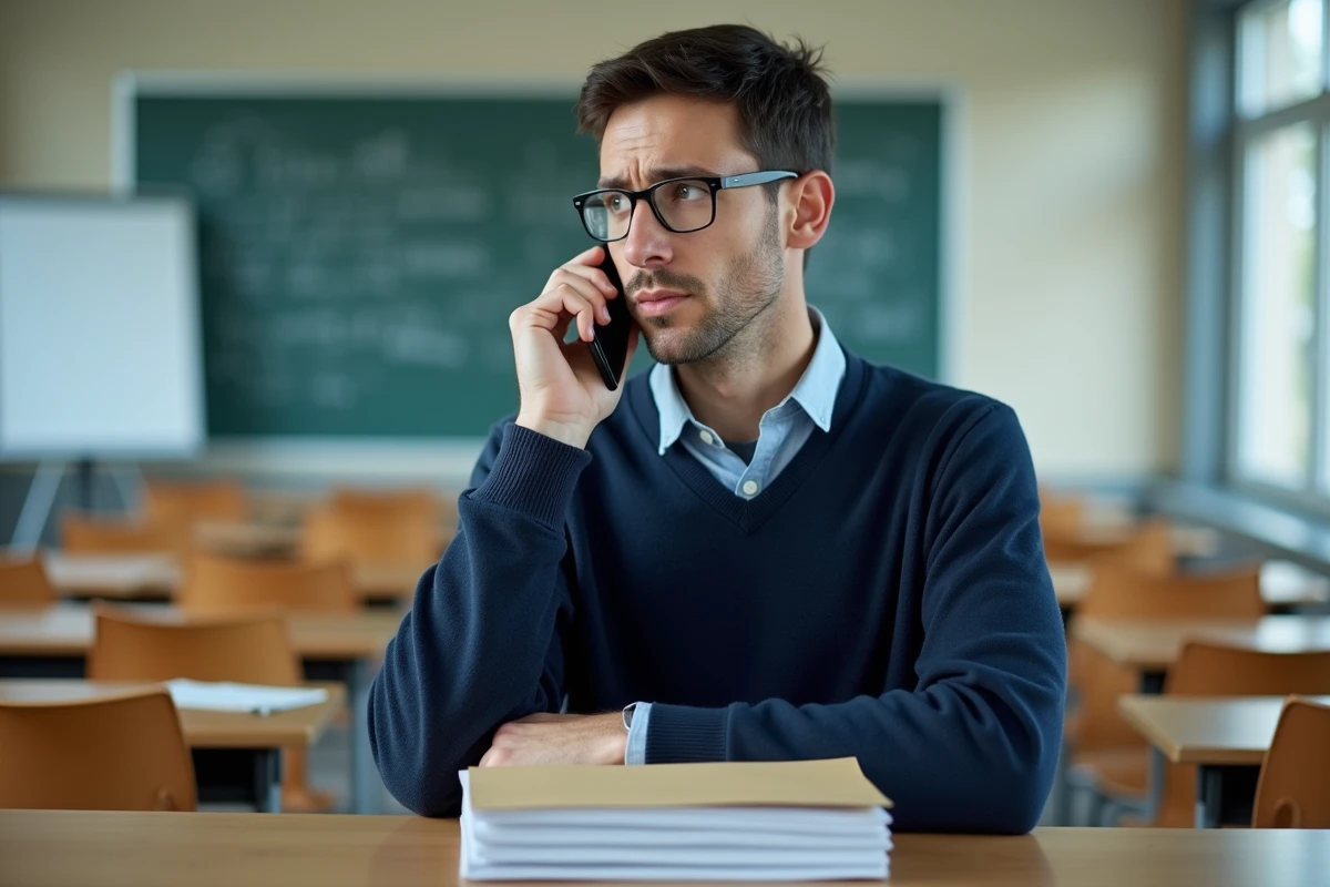 Enseignant dans une salle de classe tentant de joindre la DSDEN 33 par téléphone sans succès