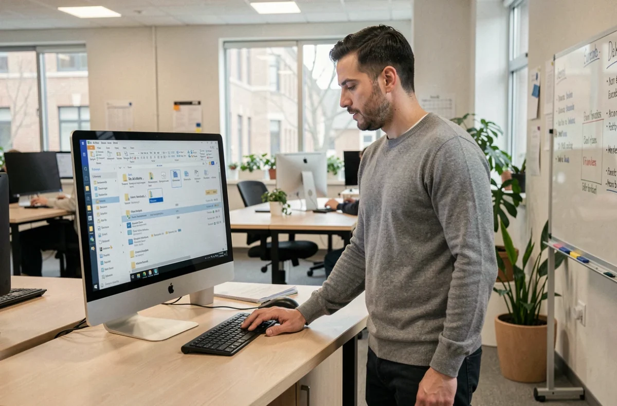 Enseignant organisant sa boîte mail professionnelle sur un ordinateur de bureau dans une salle de travail moderne