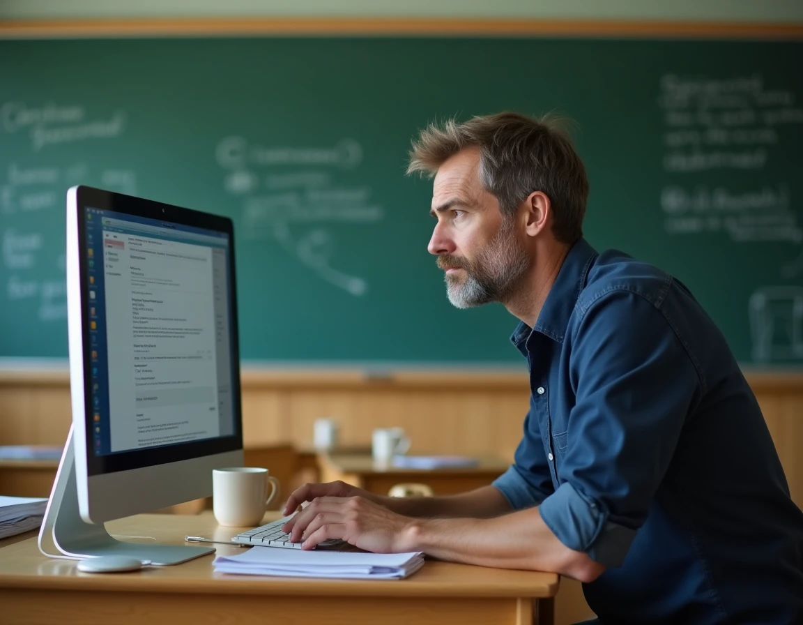 Enseignant paramétrant la redirection du webmail académique de Normandie depuis un ordinateur de bureau dans une salle de classe vide