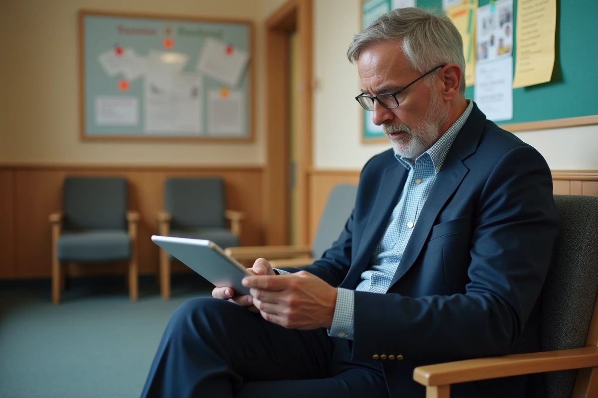 Enseignant mature utilisant une tablette dans une salle de personnel calme