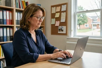 Enseignante configurant les réglages de sa messagerie Mel ouvert sur un ordinateur portable dans une salle des professeurs