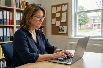 Enseignante configurant les réglages de sa messagerie Mel ouvert sur un ordinateur portable dans une salle des professeurs