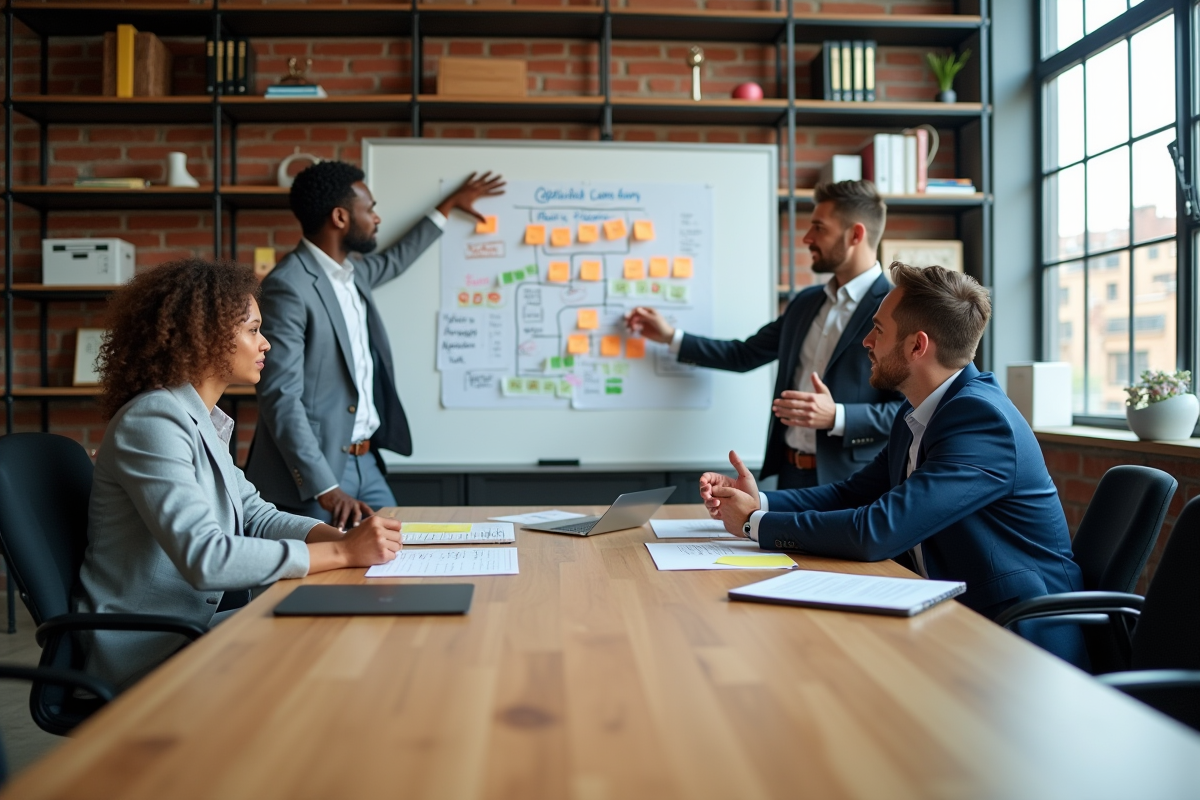 Groupe de marketeurs en réunion brainstorming