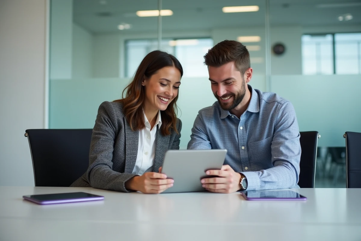 Deux collègues en tenue professionnelle consultant ensemble la création d'une boite mail Yahoo pour entreprise sur une tablette dans une salle de réunion moderne