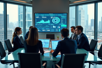 Groupe de professionnels analysant un tableau digital en réunion