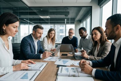 Groupe de professionnels en réunion autour d'une table pour l'implémentation ERP