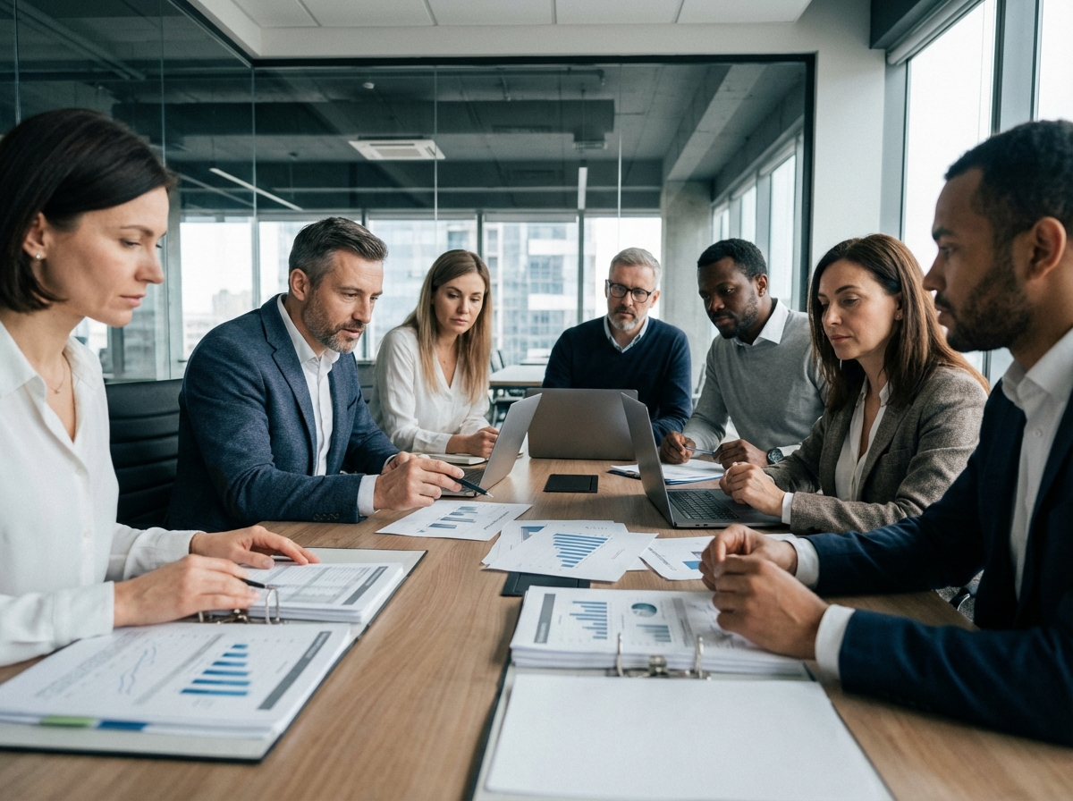 Groupe de professionnels en réunion autour d'une table pour l'implémentation ERP