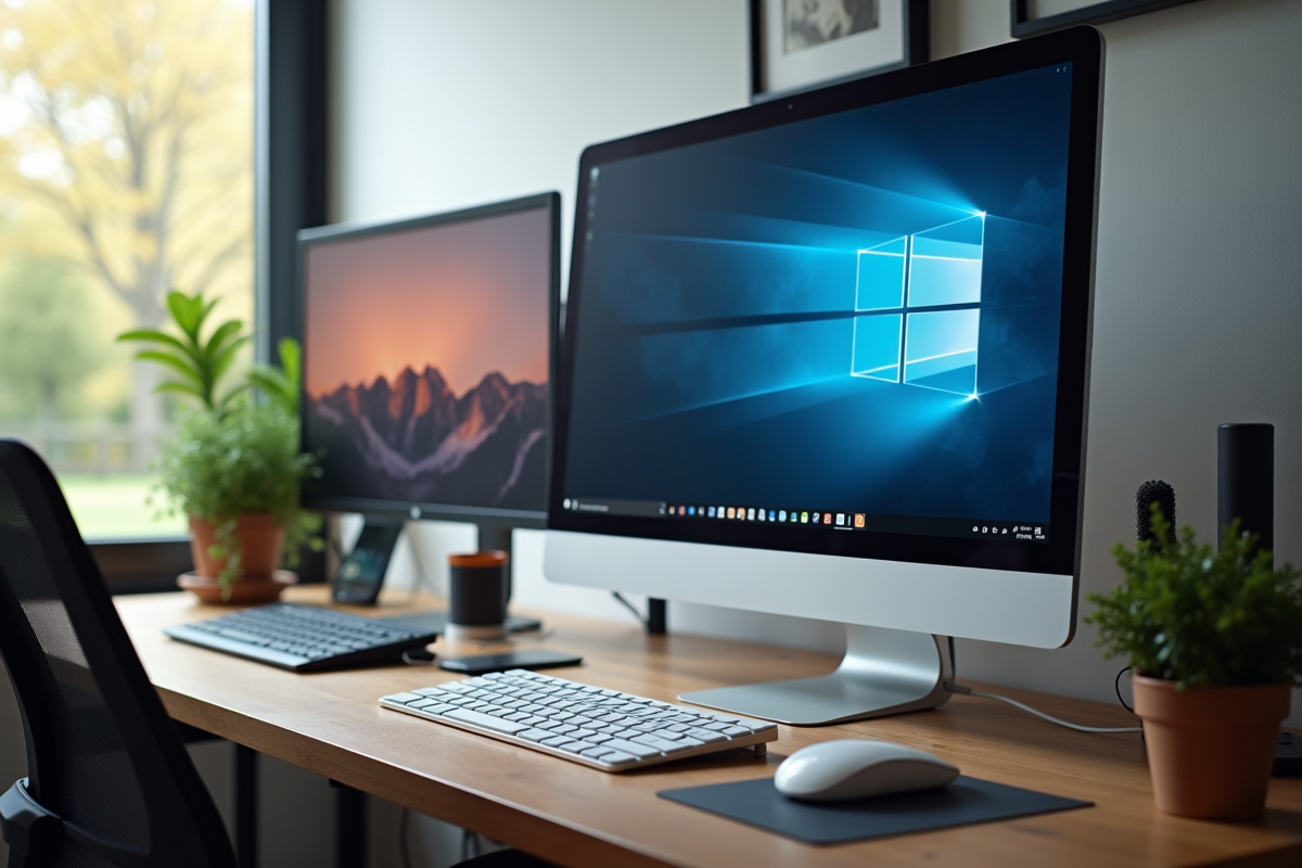 Espace de travail moderne avec moniteur 1440p lumineux