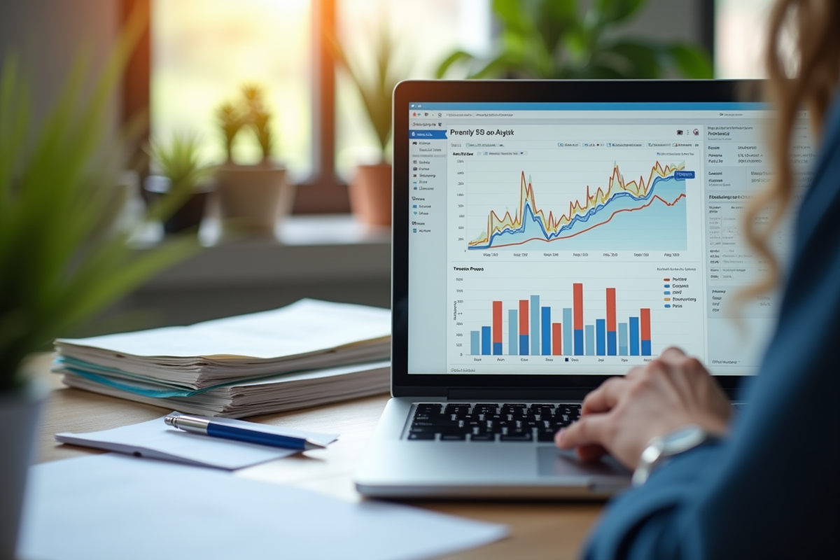 Espace de travail moderne avec un ordinateur affichant des graphiques SEO