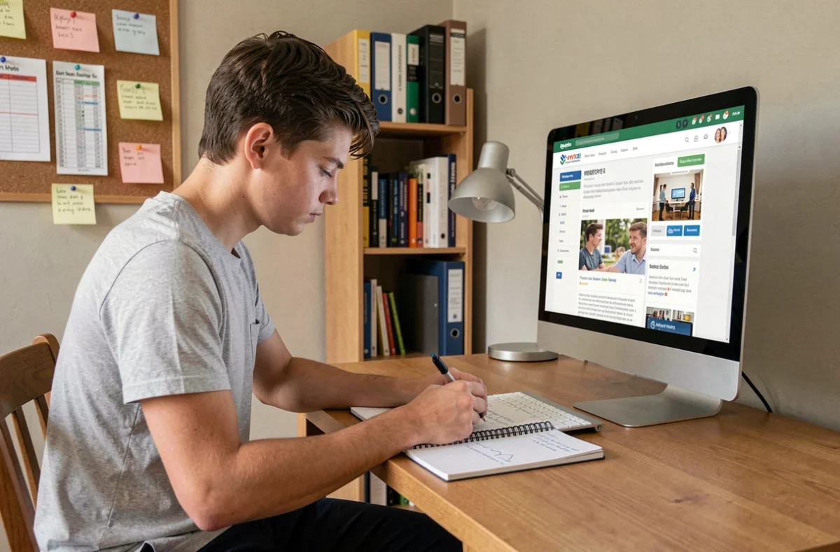 Étudiant prenant des notes à son bureau en consultant un blog scolaire sur son ordinateur dans sa chambre