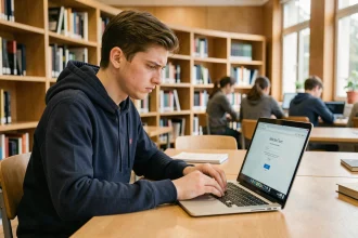 Étudiant en école d'ingénieurs tentant de récupérer l'accès à son webmail universitaire sur un ordinateur portable en bibliothèque