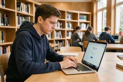 Étudiant en école d'ingénieurs tentant de récupérer l'accès à son webmail universitaire sur un ordinateur portable en bibliothèque
