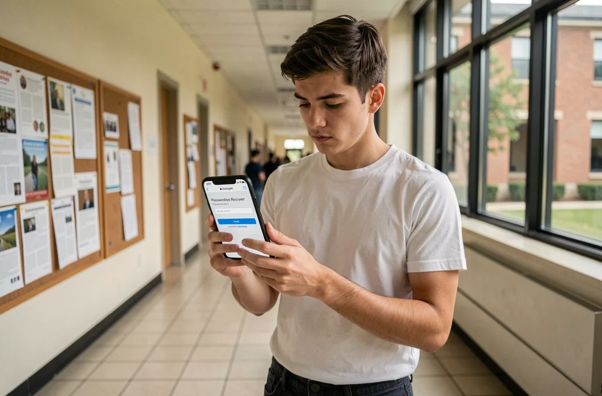 Étudiant consultant la procédure de récupération de mot de passe UHA e-Service sur son smartphone dans un couloir universitaire