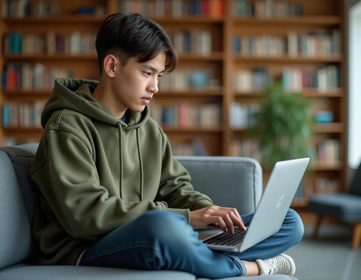 Étudiant configurant la redirection de son adresse webmail ac-normandie-rouen sur un ordinateur portable dans une bibliothèque universitaire
