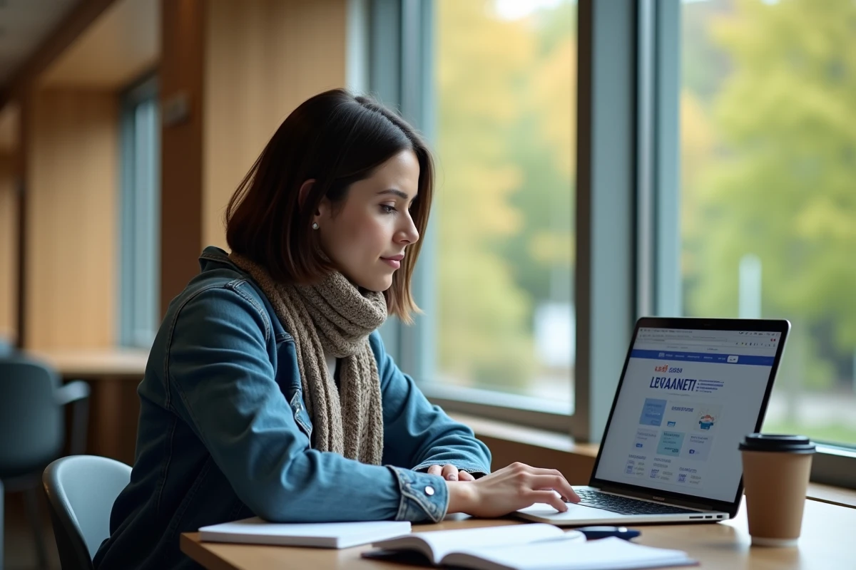 Jeune femme étudiante sur un campus grenoblois avec ordinateur