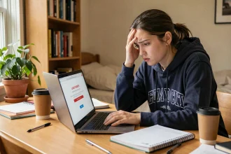 Étudiante frustrée face à un message d'erreur de mot de passe sur le portail UHA e-Service depuis son appartement