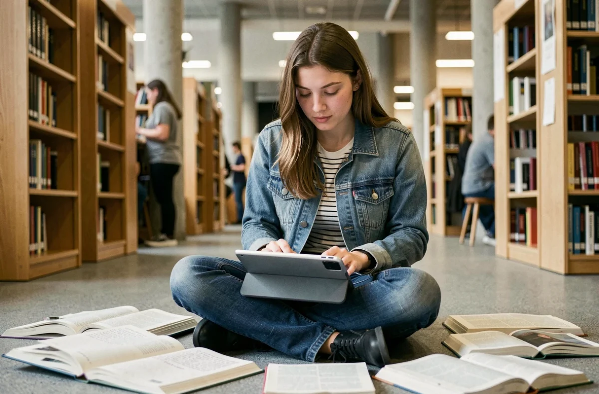 Étudiante utilisant une tablette pour reformuler ses notes dans une bibliothèque universitaire