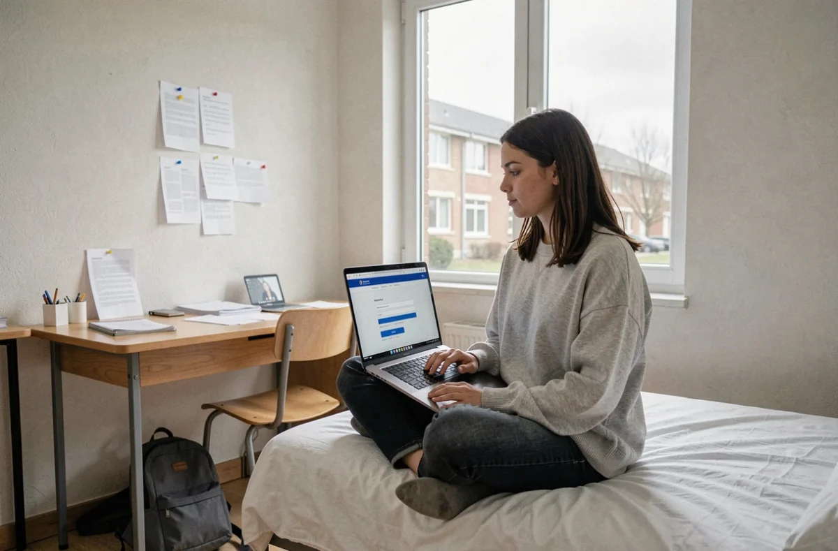 Étudiante en résidence universitaire réinitialisant le mot de passe de son webmail INSA sur un ordinateur portable