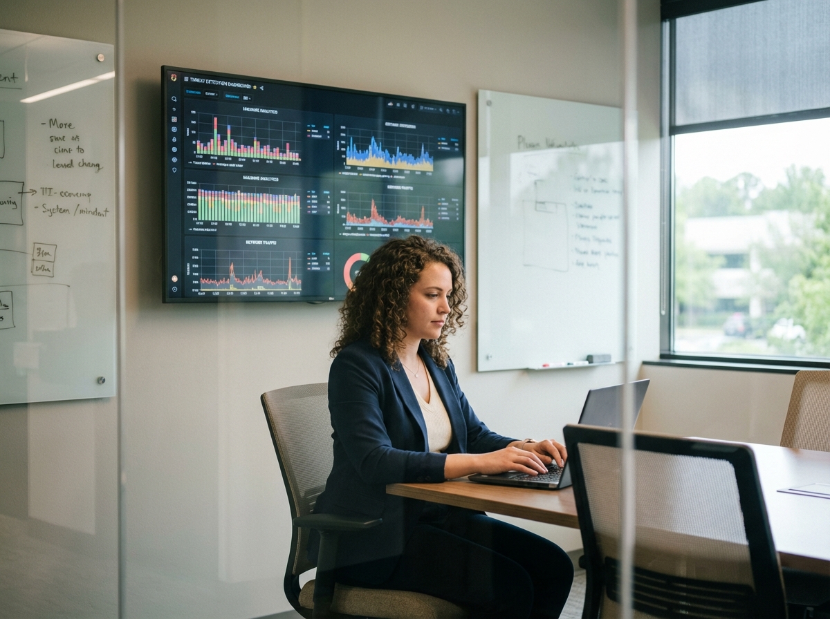 Femme analysant des graphiques de menaces sur un tableau digital