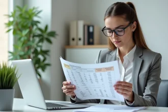 Femme analysant un tableau Excel de moyenne pondérée avec pourcentages dans un bureau moderne