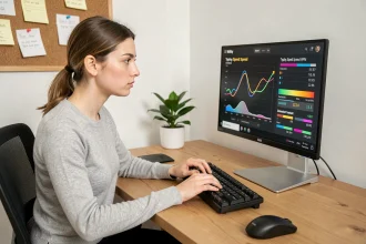 Jeune femme analysant les résultats de son test de rapidité clavier sur un écran d'ordinateur dans un bureau à domicile