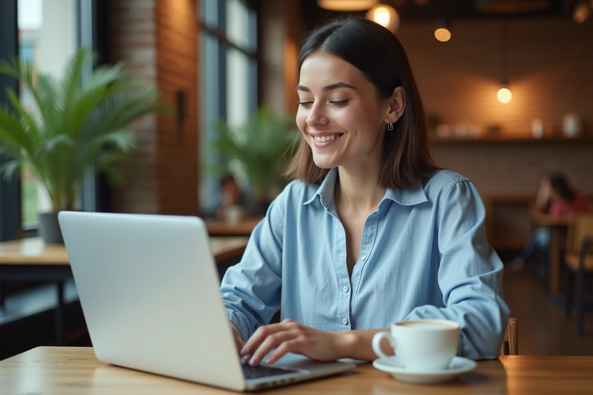Femme publiant une annonce de revente pour un Huawei P10 Lite sur un ordinateur portable dans un café