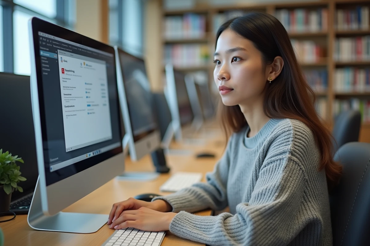 Jeune femme utilisant un logiciel antivirus dans une bibliothèque