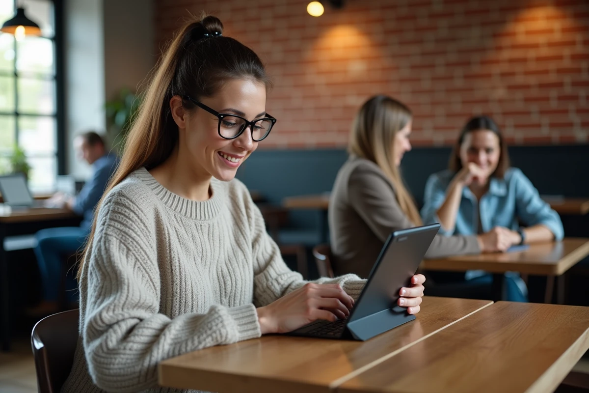 Femme souriante utilisant une tablette dans un café moderne