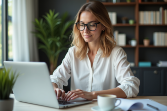 Femme au bureau bloquant un email spam sur son ordinateur
