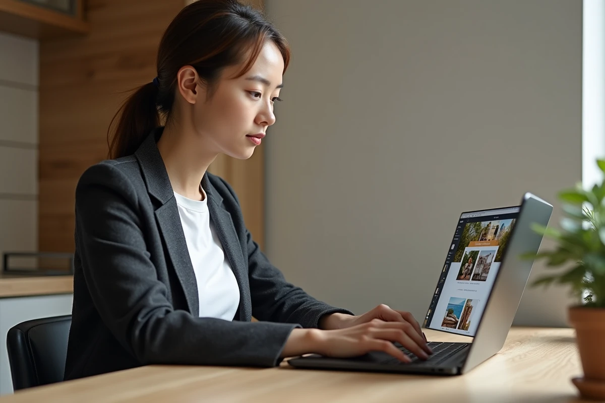 Femme travaillant depuis chez elle sur des alternatives fiables à Zup Images ouvertes dans un navigateur web