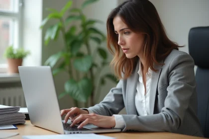 Femme frustrée devant son ordinateur essayant de contacter la DSDEN 33 via un portail en ligne qui ne répond plus
