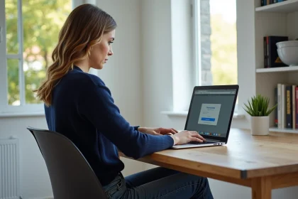 Femme au bureau moderne utilisant l'intranet Normandie