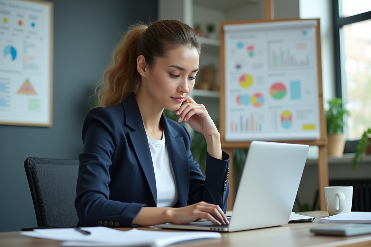 Jeune femme au bureau travaillant sur ordinateur et smartphone