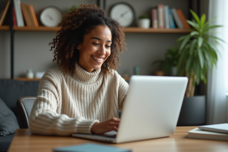Jeune femme au bureau à domicile avec ordinateur portable