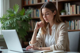 Femme concentrée travaillant sur son ordinateur dans un bureau organisé