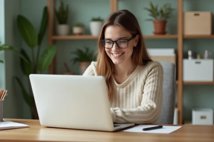 Jeune femme concentrée sur son ordinateur dans un bureau organisé