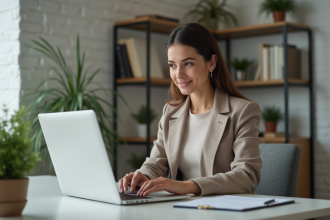Jeune femme en blazer travaillant sur un ordinateur dans un bureau moderne